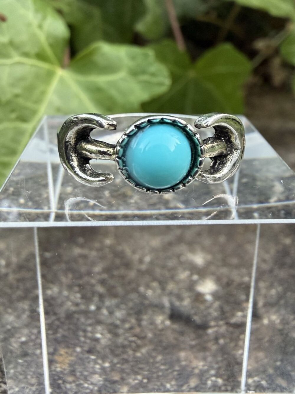 Vintage Silver Tone Turquoise Ring Size 7.5 Crescent Moons Boho Festival